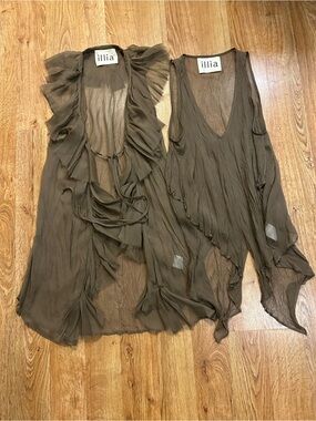 ILLIA Sheer Ruffled Vest Top - Olive Brown Sz 4